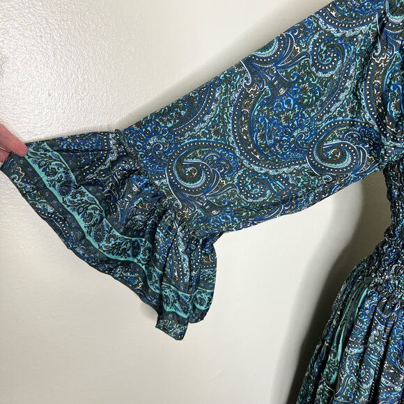 OPC Dress XS/S Womens Paisley Blue Bell Sleeve Smocked Pleated Boho A-Line Green - Picture 4 of 9
